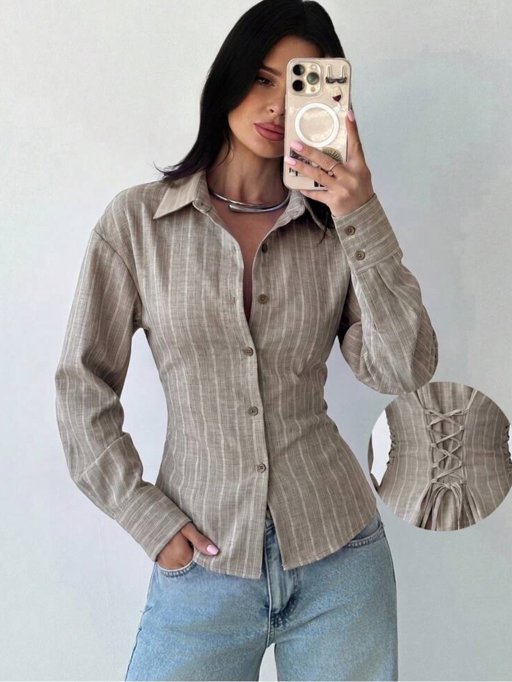 Firerie Women's Blue And White Striped Long Sleeve Shirt, Back Cinching Waist